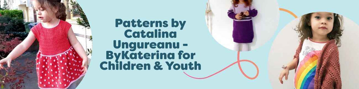 Children’s crochet pattern collection by Catalina Ungureanu (ByKaterina) for kids and youth, featuring strawberry dress, lilac sweater dress, shrug, cardigan, and hoodie.