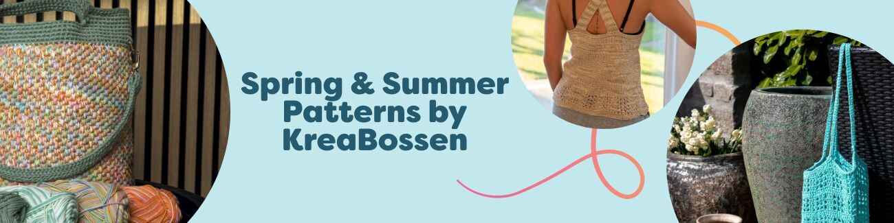 Spring and summer pattern collection by KreaBossen featuring crochet tops, shorts, and bags in lightweight yarns from Hobbii.