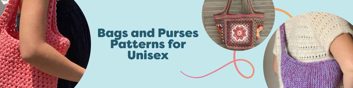 Assorted unisex crochet and knit bags and purses—totes, crossbody, and handbags—styled with Hobbii yarn on a clean backdrop.