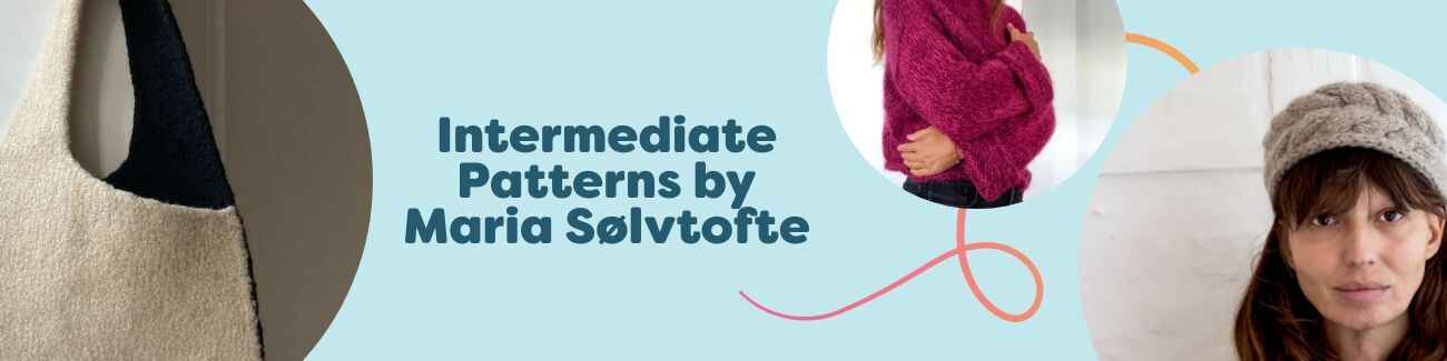 Collection of intermediate patterns by Maria Sølvtofte for Hobbii, featuring a sweater, blouse, hats, and a bag, styled on models in modern Scandinavian colors.