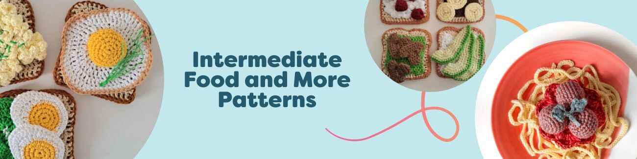 Assorted intermediate crochet food patterns—cupcakes with cherries, toast, spaghetti, and candy—made with Hobbii yarns on a colorful backdrop.