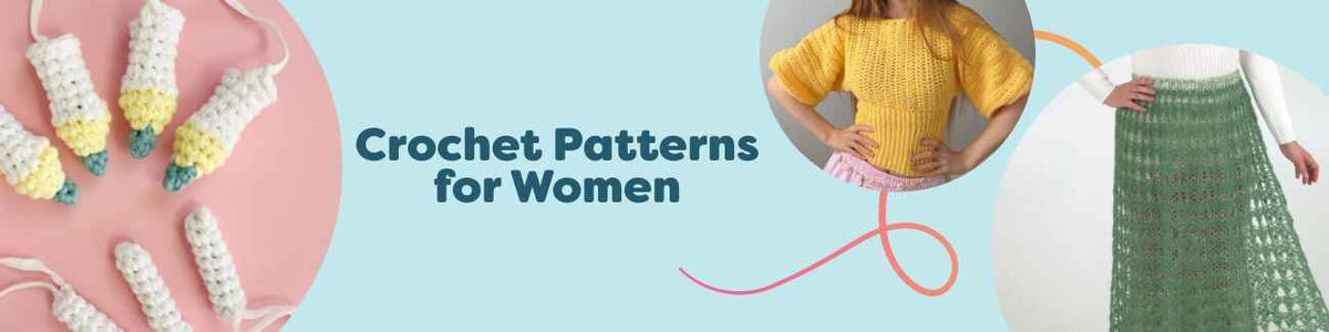 Selection of free crochet patterns for women—crochet top, skirt, beanie, and bag—styled with Hobbii yarns on a neutral background.