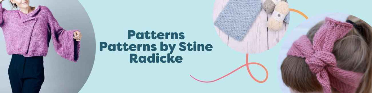 Collage of Stine Radicke knitting and intermediate crochet patterns for sweaters, cardigans, headbands, and cozy accessories on Hobbii, with yarn pairings displayed.