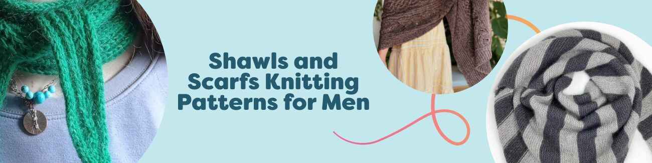 Men’s knitted shawls, scarves, wraps, and cowls in neutral and bold tones—Camden Shawl, Hoffs Scarf, and Melbourne Scarf—shown as part of Hobbii’s pattern collection.