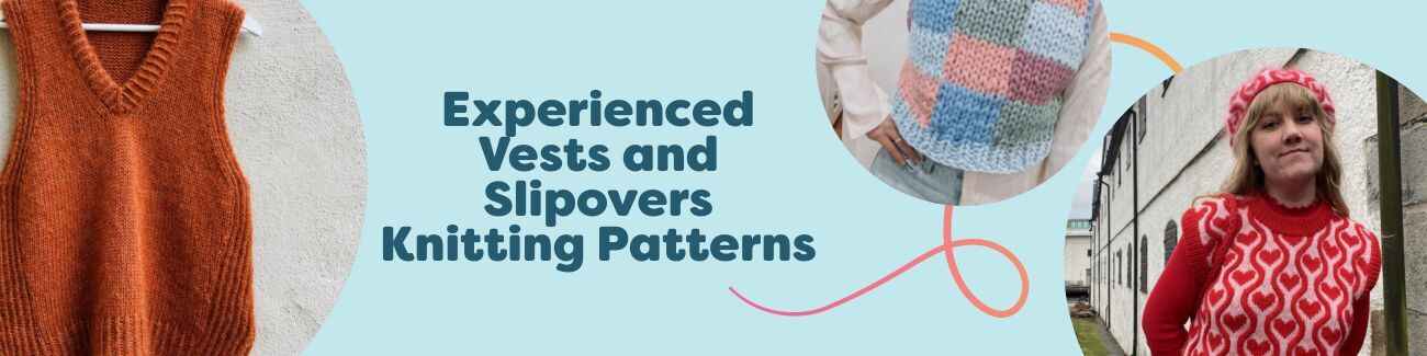 Assortment of experienced-level vest and slipover knitting patterns by Hobbii, featuring cables, lace, colorwork, and summer tops in various sizes.