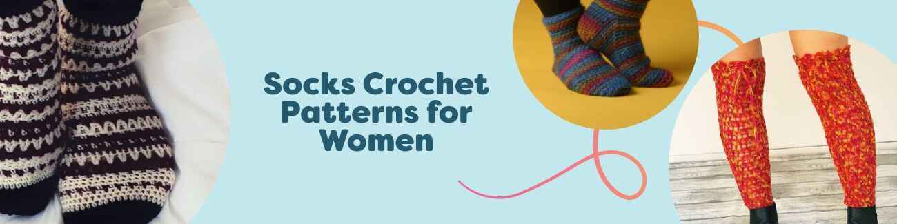 Assortment of women’s crochet socks in neutral and festive colors, ankle to crew lengths, styled with Hobbii yarn and a crochet hook.
