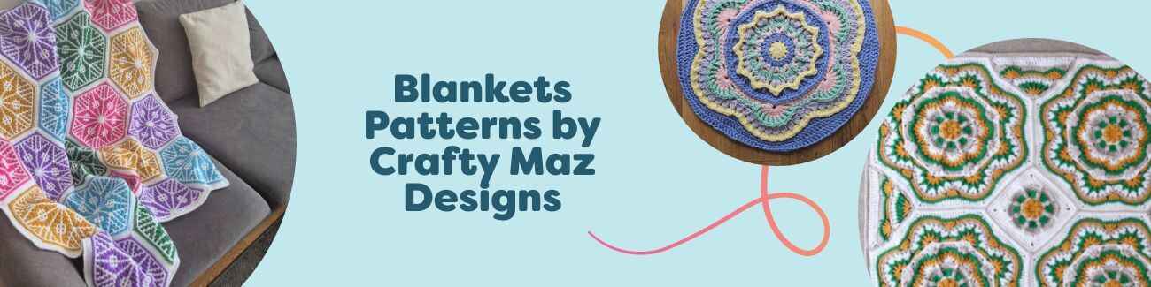 Crochet blanket patterns by Crafty Maz Designs: Honeycomb Burst and Hygge throws, plus a matching Mini Mandala rug, shown with soft Hobbii yarn.
