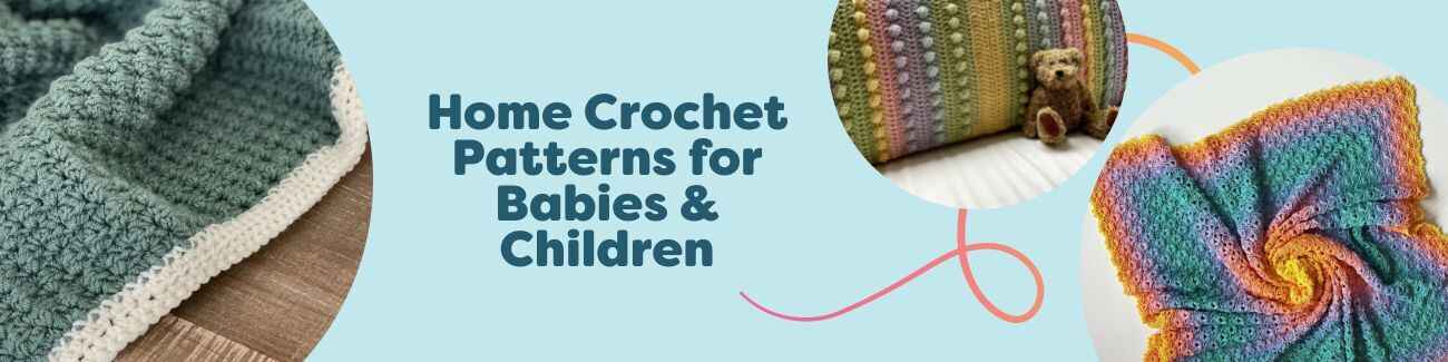 Assortment of crochet projects for babies and children—colorful blankets, hats, booties, and toys made with soft Hobbii yarns.