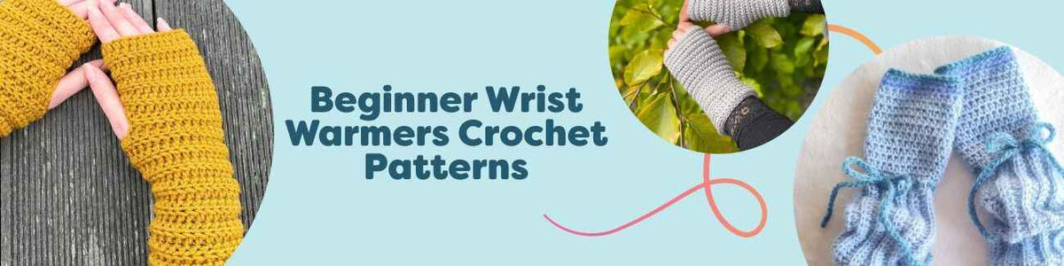 Assortment of beginner-friendly crochet wrist warmers, fingerless gloves, and simple mittens in soft Hobbii yarns, styled flat in cozy neutrals and pastels.