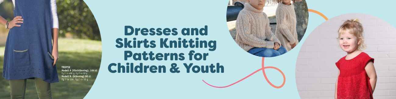 Assorted children’s knitted dresses and skirts in soft yarns for ages 2–14, shown on models and flat lays, featuring Hobbii patterns.