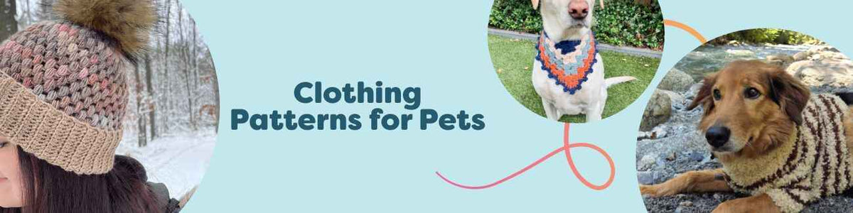 Crochet and knit pet clothing patterns from Hobbii—dog sweater, bandana, and beanie shown on small and medium dogs.