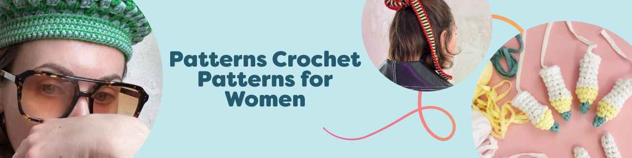 Collage of free women's crochet patterns: beret, scrunchie, summer top, skirt, and bag made with Hobbii yarns.