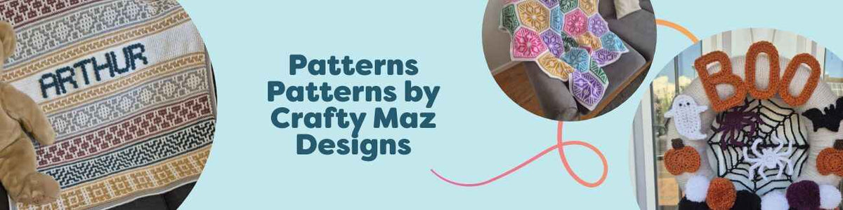 Collage of free crochet and knit patterns by Crafty Maz Designs from Hobbii, featuring a mosaic baby blanket, honeycomb blanket, sweater, wreath, and dog bandana.