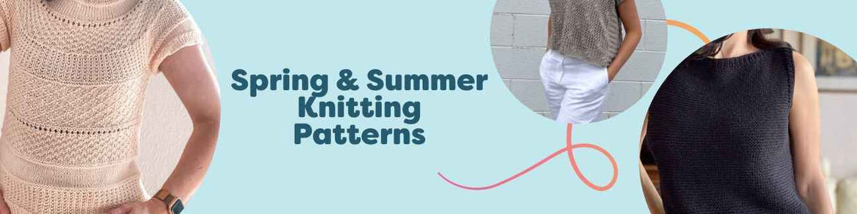 Lightweight knit tees, tanks, and short-sleeve sweaters in cotton and linen yarns on a sunny backdrop, representing spring and summer knitting patterns from Hobbii.