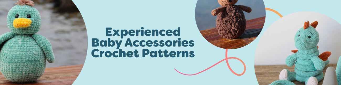 Crocheted baby blanket, stackable dino toy, and animal stacking cubes from Hobbii—free patterns for experienced crocheters.