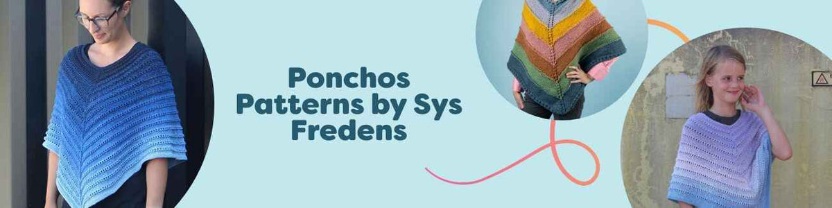 Models wearing Sys Fredens ponchos in crochet and knit for adults and kids, from summer-light to cozy textures, styled with Hobbii yarn.