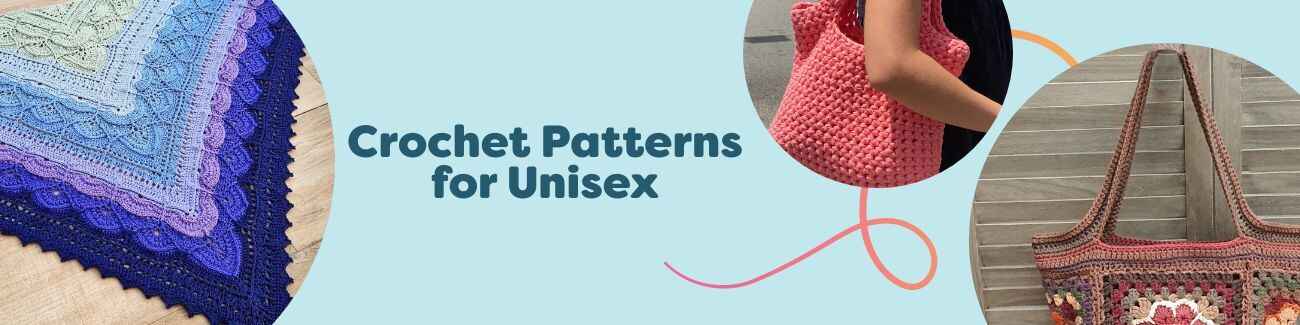 Collage of unisex crochet projects—shawl, hoodie, book cozy, and bag—made with Hobbii yarns in neutral tones, suitable for all genders.