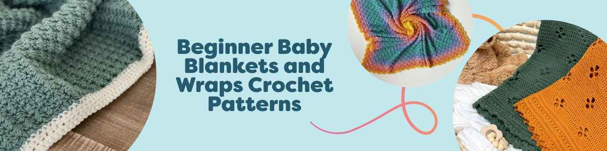 Beginner-friendly crochet baby blankets and wraps in soft pastels, textured stitches shown flat; downloadable PDF patterns by Hobbii.