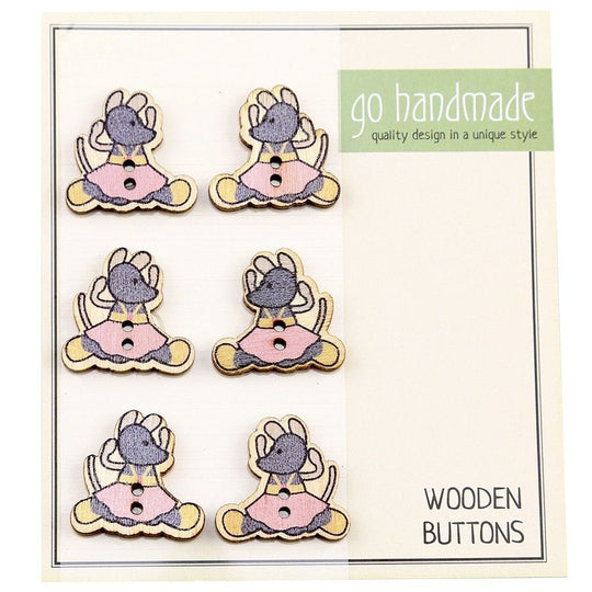 Wooden Buttons - The Mouse Ella - 6 pcs, 20 mm - Go Handmade