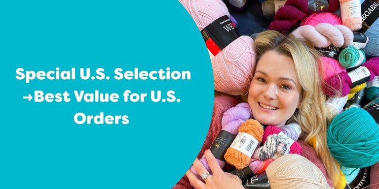 Text: Special U.S. Selection – Best Value for U.S. Orders. Image: Smiling woman with colorful yarn around her.