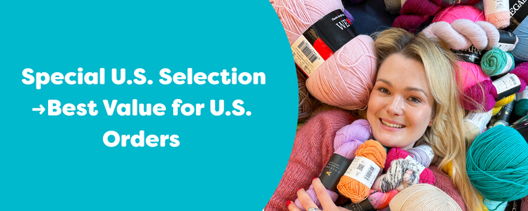 Text: Special U.S. Selection – Best Value for U.S. Orders. Image: Smiling woman with colorful yarn around her.