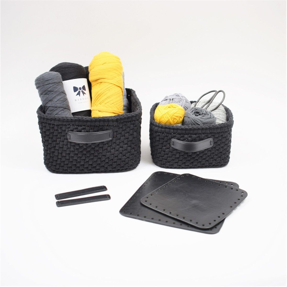 Storage basket with leather bottom - square - big – Hobbii